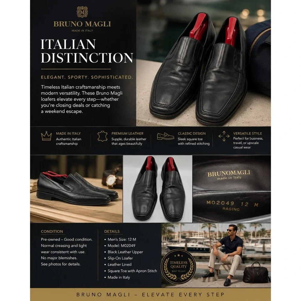 Bruno Magli Men's Black Leather Square Toe Loafers Made in Italy Size 12 M